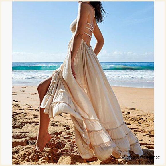 Summer Boho Backless Maxi Dress Halter Tie Waist Ruffle Hem Rayon Cotton - Picture 3 of 7